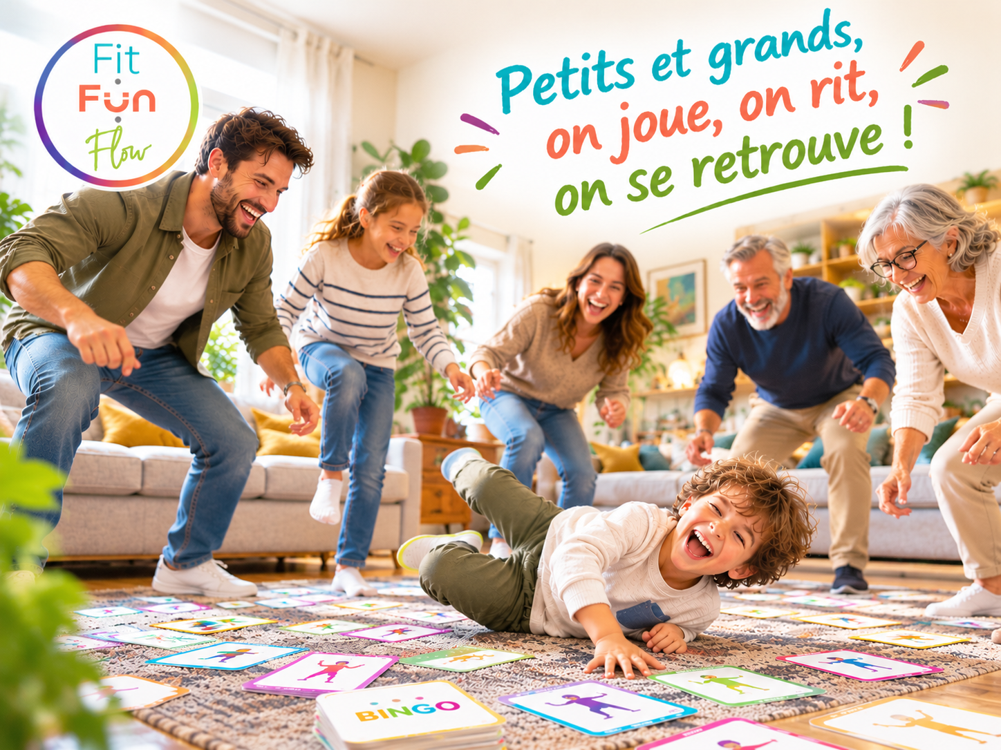 Une famille de trois générations joue au bingo des mouvements dans le salon, en riant : petits et grands, on joue, on rit, on se retrouve.
