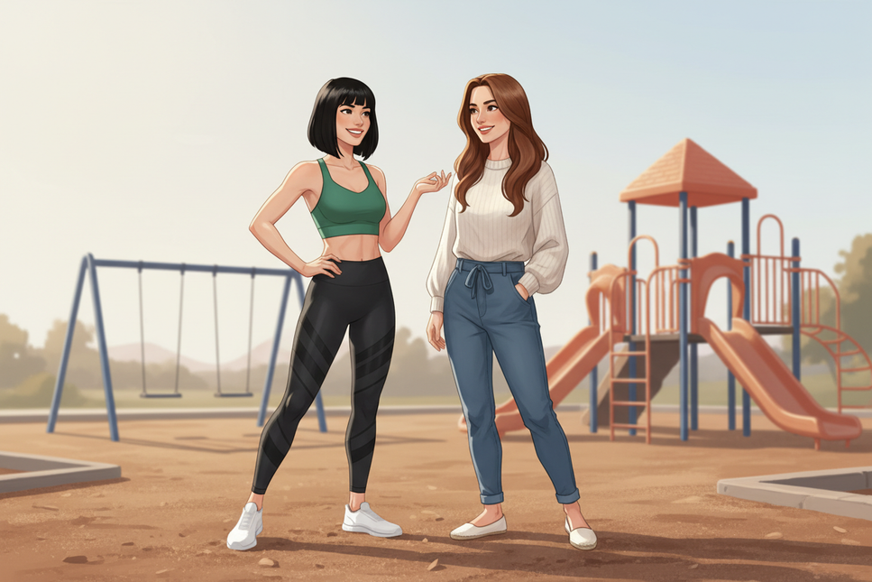 pas de calins dans la photos, les mamans ont 32 et 38 ans, pas besoin de montrer les enfant peut etre les mettre dans un cadre d'aire de jeux