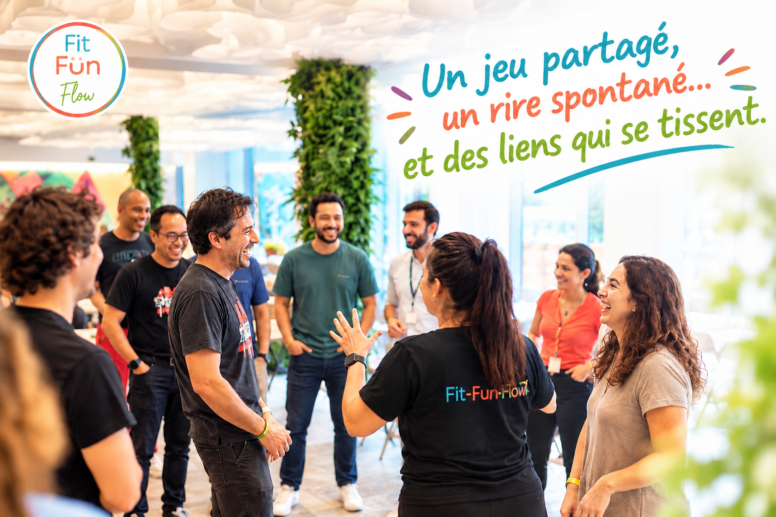Une équipe rit en cercle pendant une animation Fit Fun Flow au bureau : le lien se fabrique dans des moments courts, bien placés.