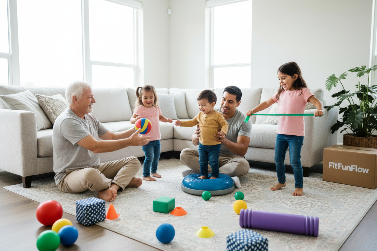 make it inside a house and use sports accessories for play. add a dad and a grandparent for intergenerational play